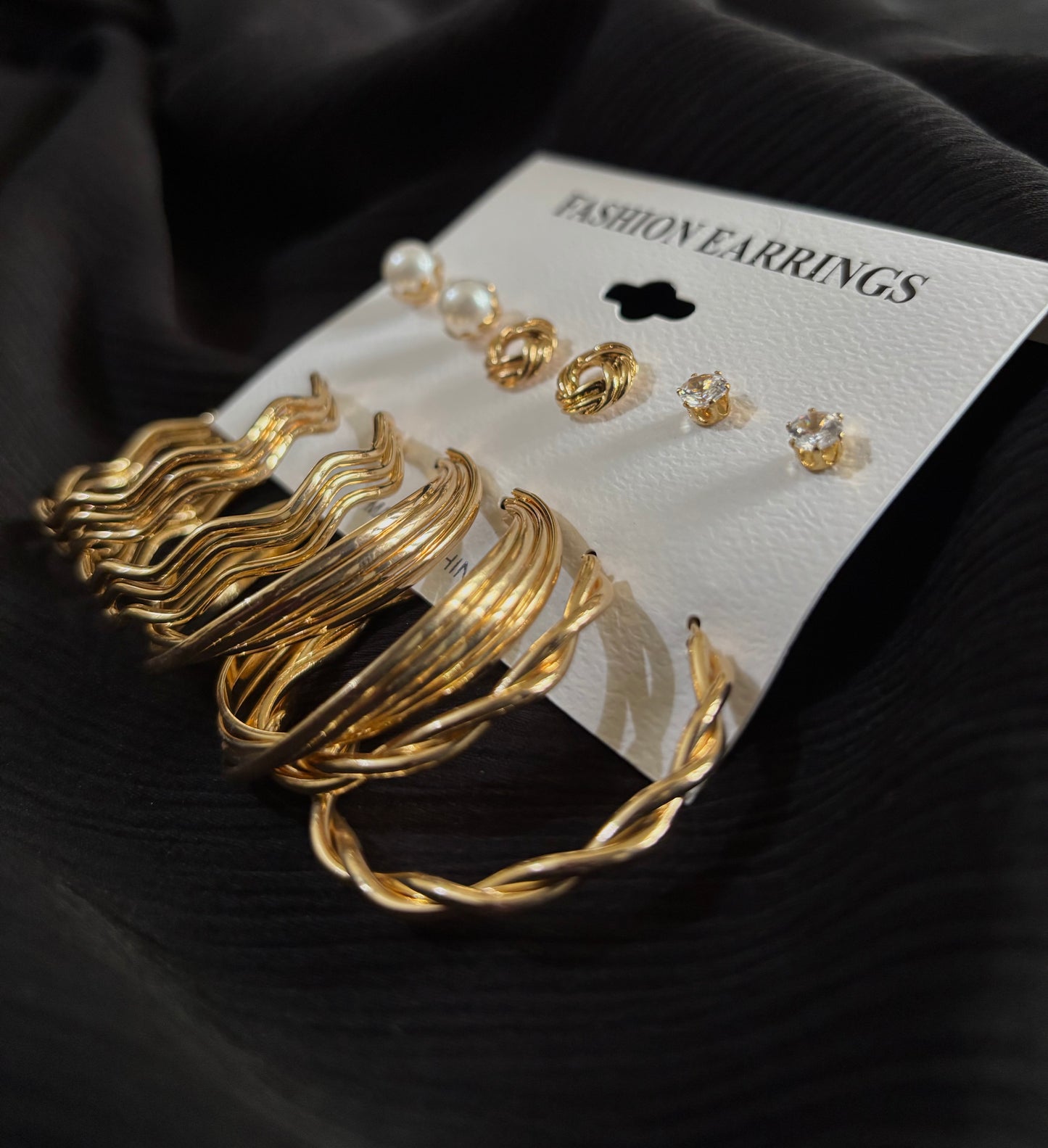 Trendy 6 Pair Gold Plated Earrings Set – Pearl Stud, Knot Stud & Twisted Hoop Earrings for Women