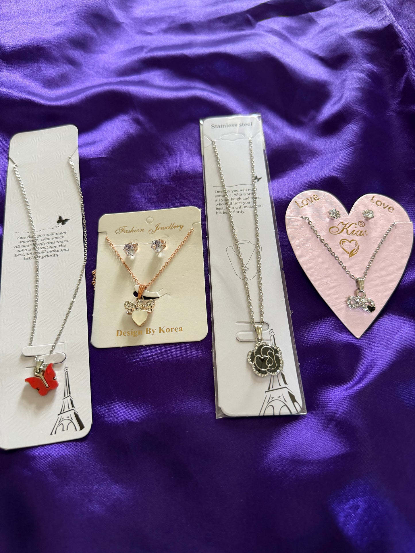 Korean Style Necklace Combo Set with Earrings – Butterfly, Bow Heart & Black Floral Pendant Collection