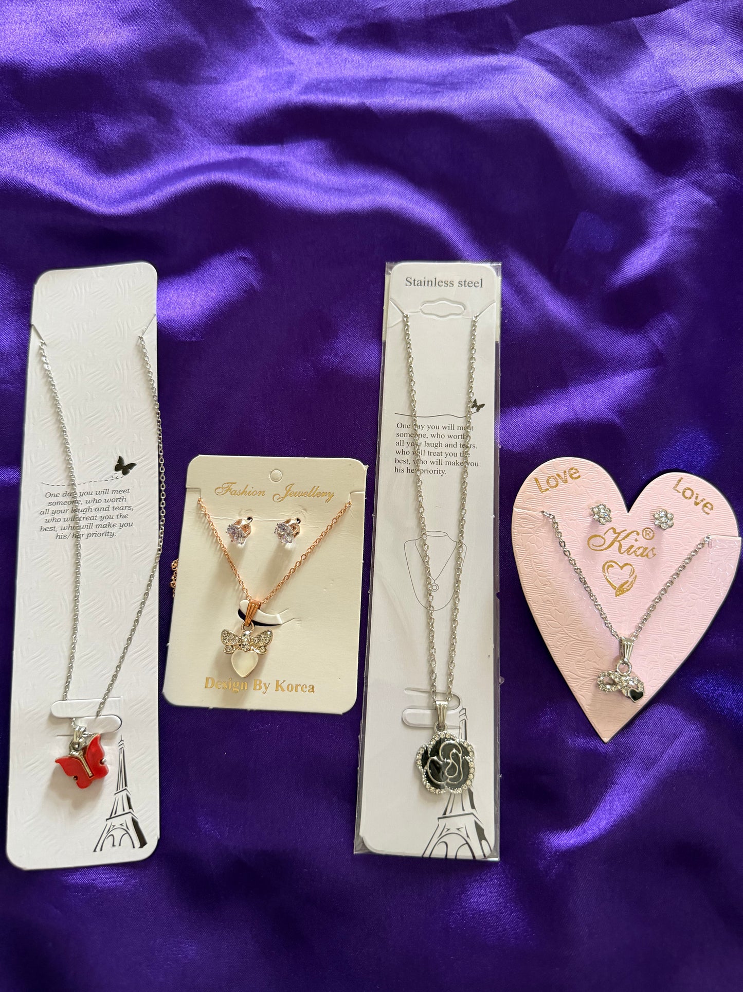 Korean Style Necklace Combo Set with Earrings – Butterfly, Bow Heart & Black Floral Pendant Collection