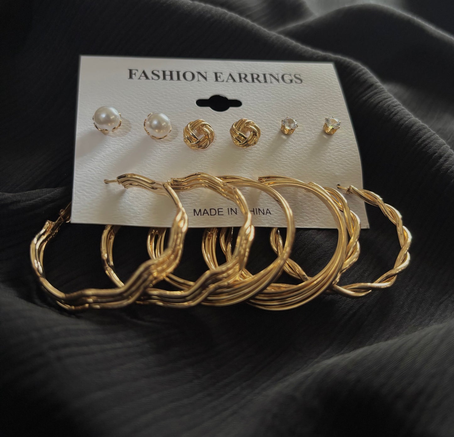 Trendy 6 Pair Gold Plated Earrings Set – Pearl Stud, Knot Stud & Twisted Hoop Earrings for Women