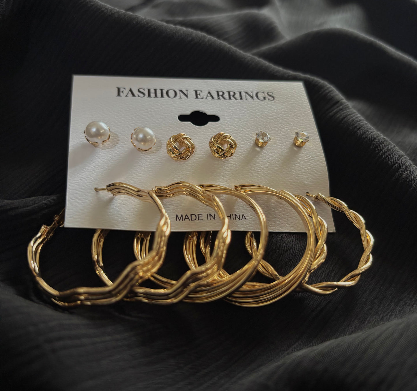 Trendy 6 Pair Gold Plated Earrings Set – Pearl Stud, Knot Stud & Twisted Hoop Earrings for Women