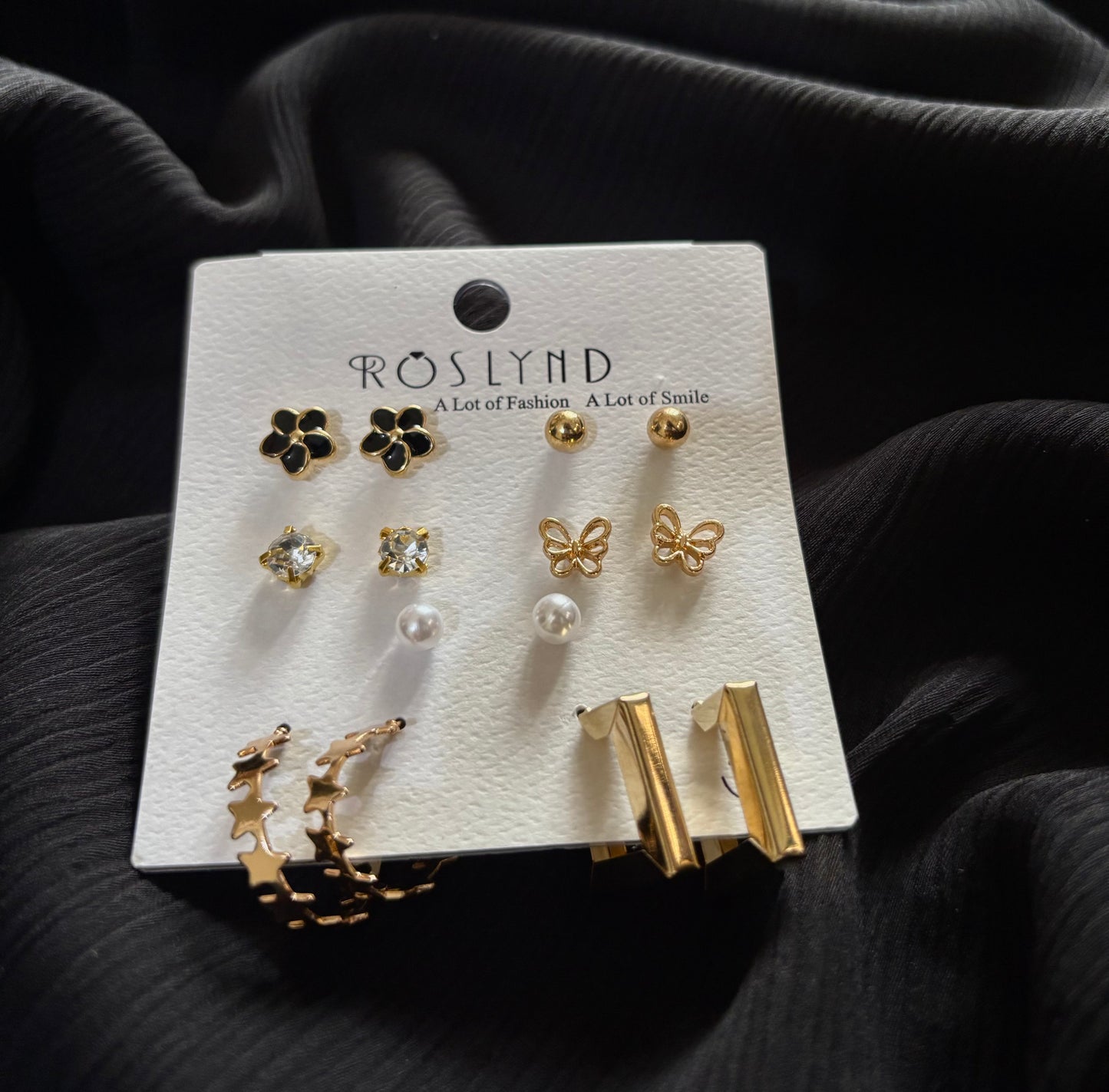 Trendy 7 Pair Gold Stud & Hoop Earrings Set – Butterfly, Pearl, Crystal & Flower Earrings for Women