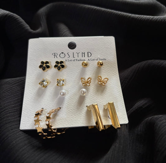 Trendy 7 Pair Gold Stud & Hoop Earrings Set – Butterfly, Pearl, Crystal & Flower Earrings for Women