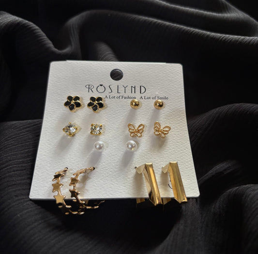 Trendy 7 Pair Gold Stud & Hoop Earrings Set – Butterfly, Pearl, Crystal & Flower Earrings for Women