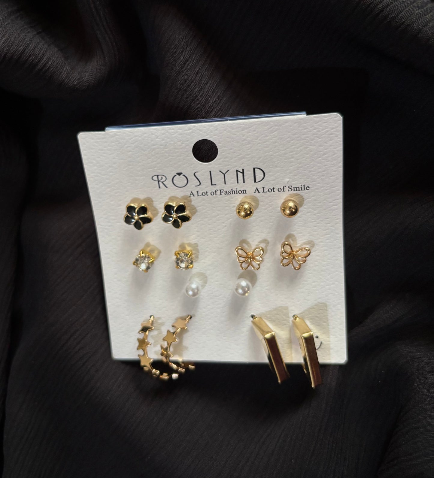 Trendy 7 Pair Gold Stud & Hoop Earrings Set – Butterfly, Pearl, Crystal & Flower Earrings for Women