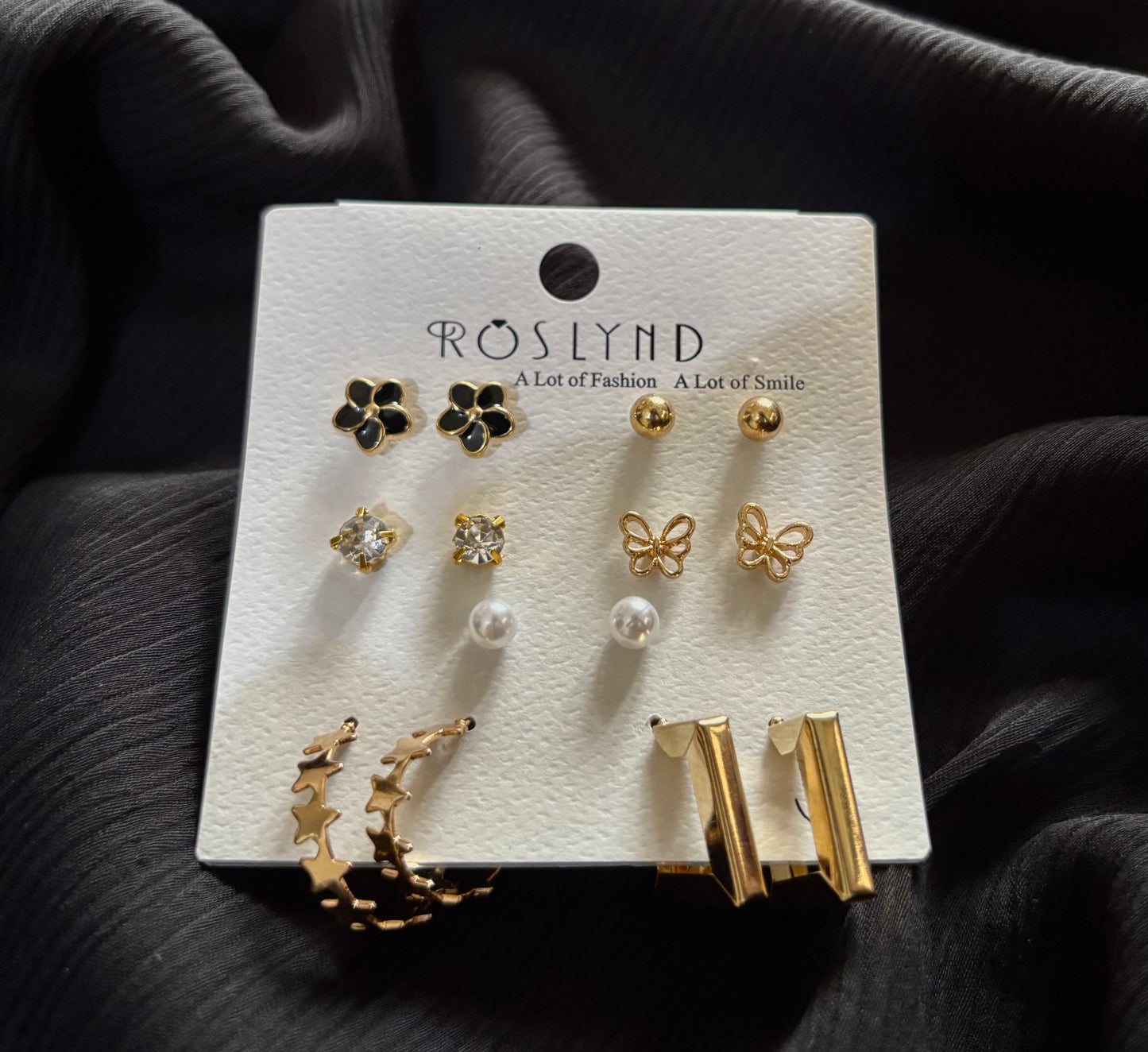Trendy 7 Pair Gold Stud & Hoop Earrings Set – Butterfly, Pearl, Crystal & Flower Earrings for Women