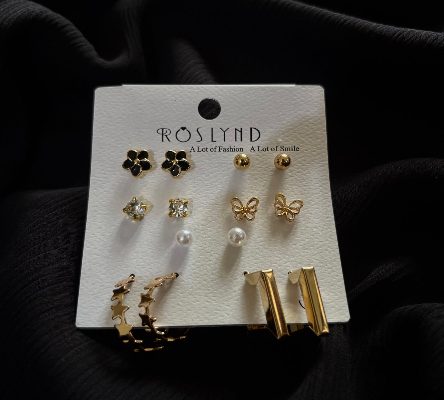 Trendy 7 Pair Gold Stud & Hoop Earrings Set – Butterfly, Pearl, Crystal & Flower Earrings for Women