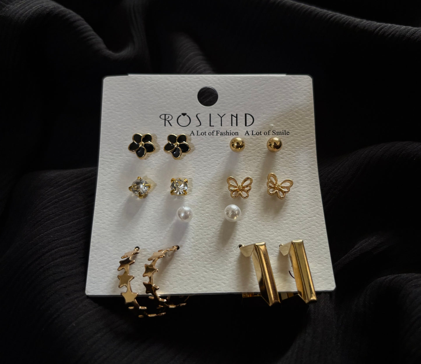 Trendy 7 Pair Gold Stud & Hoop Earrings Set – Butterfly, Pearl, Crystal & Flower Earrings for Women