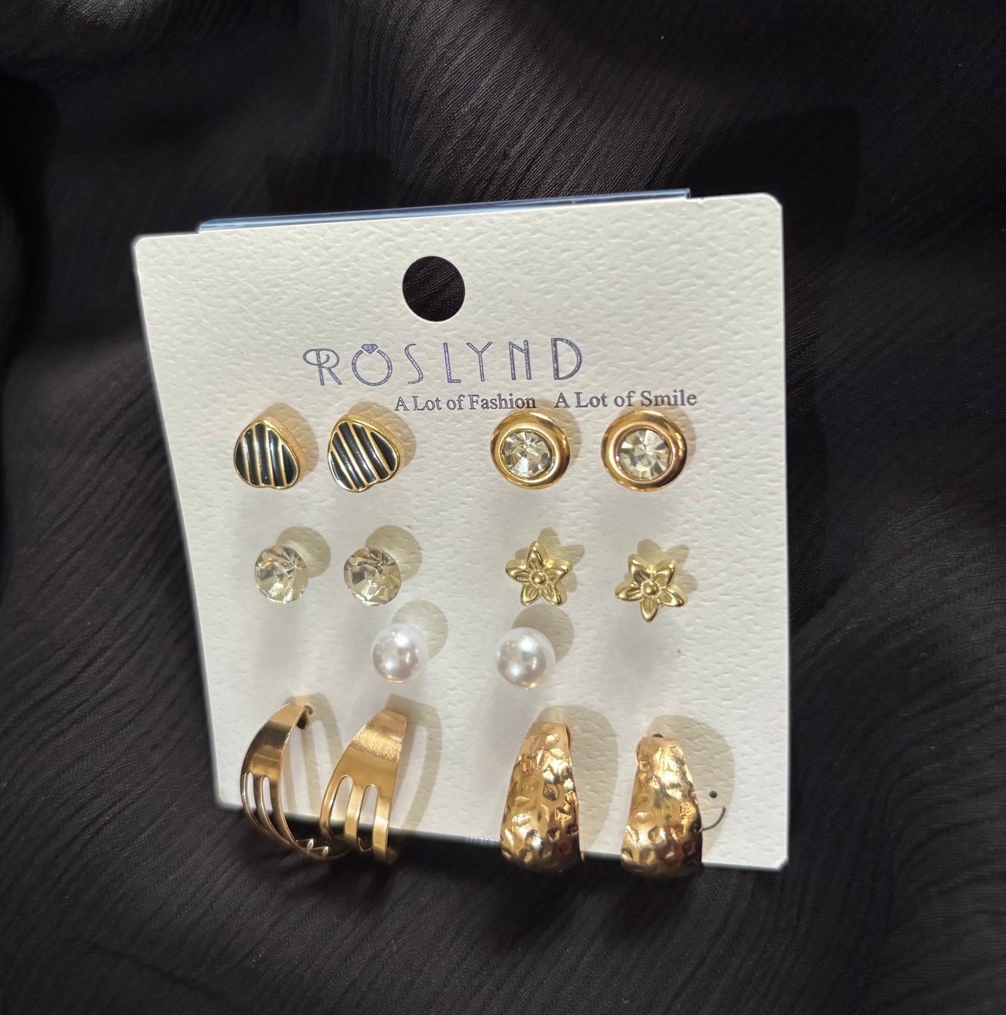 Trendy 7 Pair Gold Stud & Hoop Earrings Set – Heart, Pearl, Crystal & Star Earrings for Women