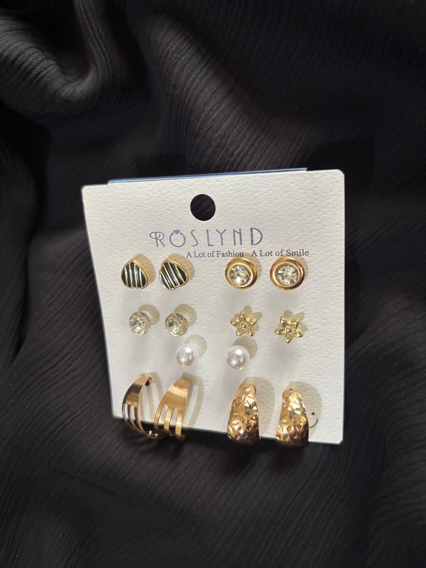Trendy 7 Pair Gold Stud & Hoop Earrings Set – Heart, Pearl, Crystal & Star Earrings for Women