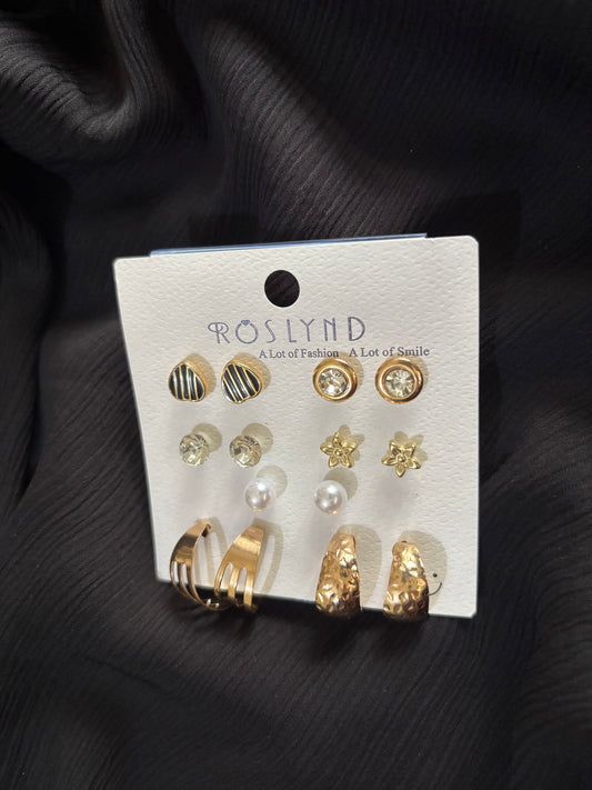 Trendy 7 Pair Gold Stud & Hoop Earrings Set – Heart, Pearl, Crystal & Star Earrings for Women