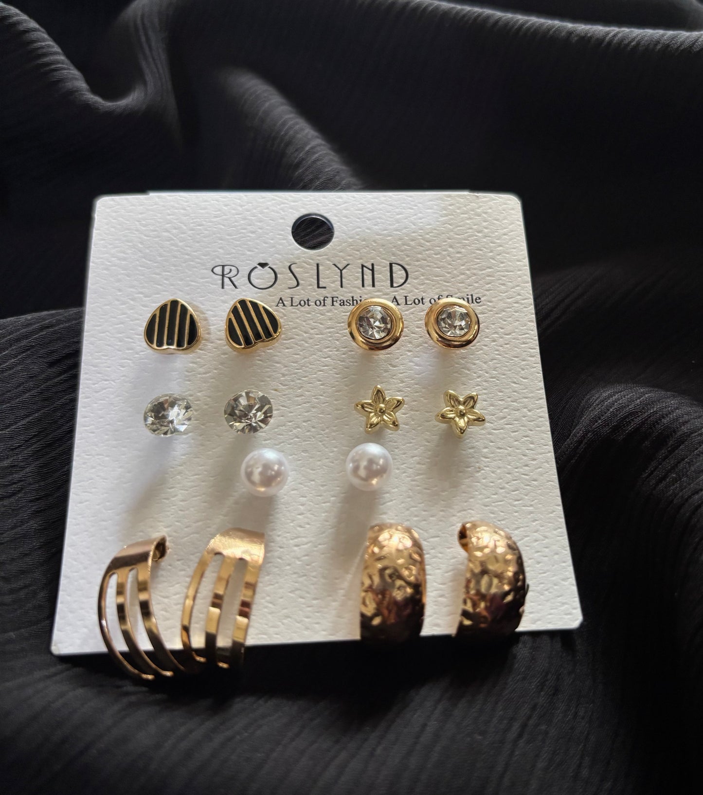 Trendy 7 Pair Gold Stud & Hoop Earrings Set – Heart, Pearl, Crystal & Star Earrings for Women
