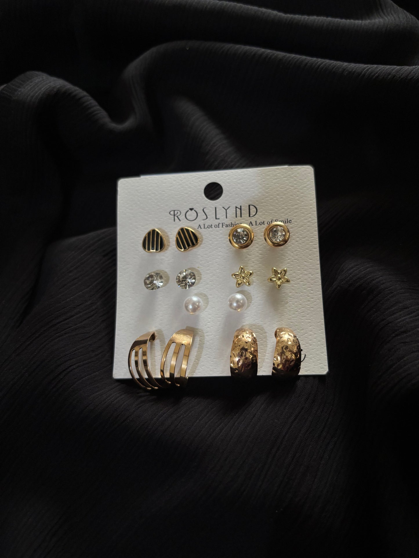 Trendy 7 Pair Gold Stud & Hoop Earrings Set – Heart, Pearl, Crystal & Star Earrings for Women