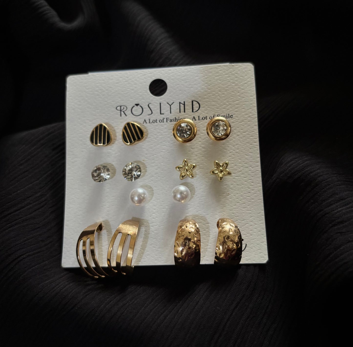 Trendy 7 Pair Gold Stud & Hoop Earrings Set – Heart, Pearl, Crystal & Star Earrings for Women