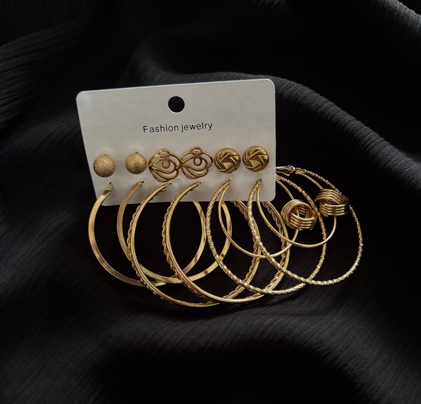 Trendy 6 Pair Gold Hoop & Stud Earrings Set – Textured Ball, Rose Design & Pattern Earrings for Women