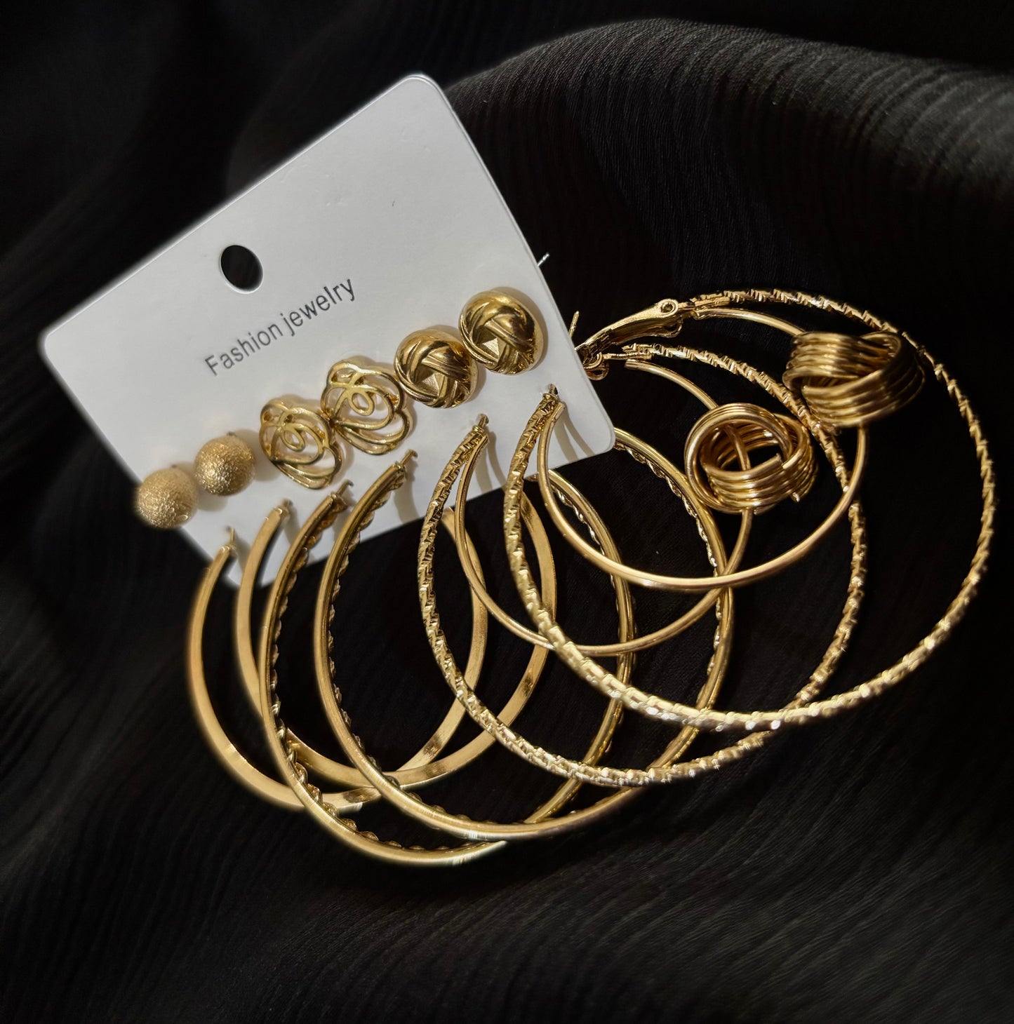 Trendy 6 Pair Gold Hoop & Stud Earrings Set – Textured Ball, Rose Design & Pattern Earrings for Women