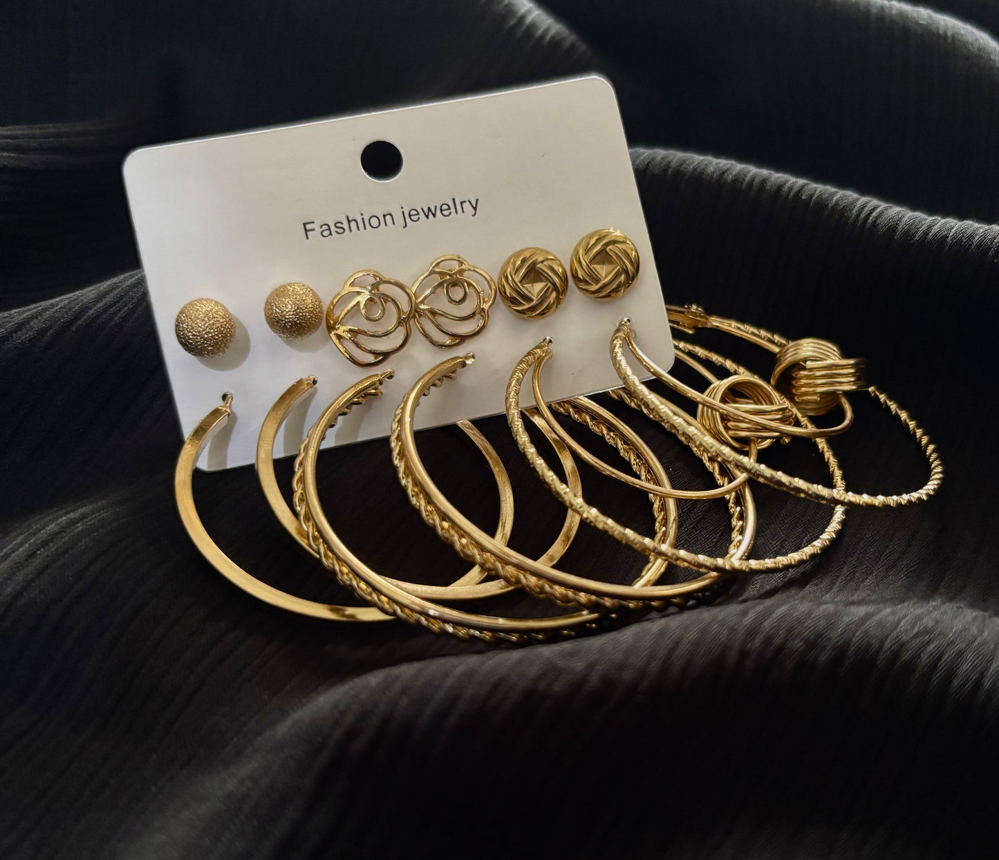 Trendy 6 Pair Gold Hoop & Stud Earrings Set – Textured Ball, Rose Design & Pattern Earrings for Women