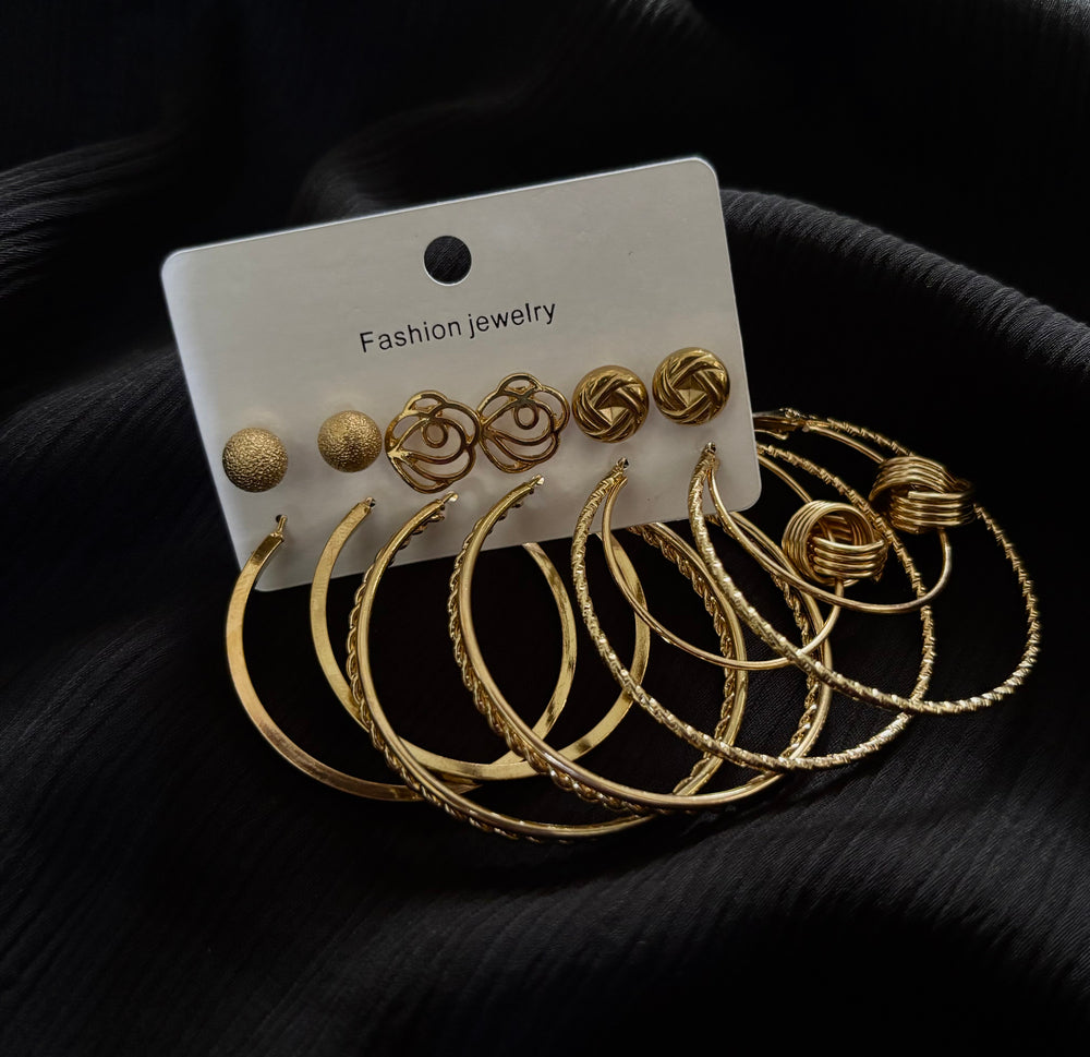 Trendy 6 Pair Gold Hoop & Stud Earrings Set – Textured Ball, Rose Design & Pattern Earrings for Women