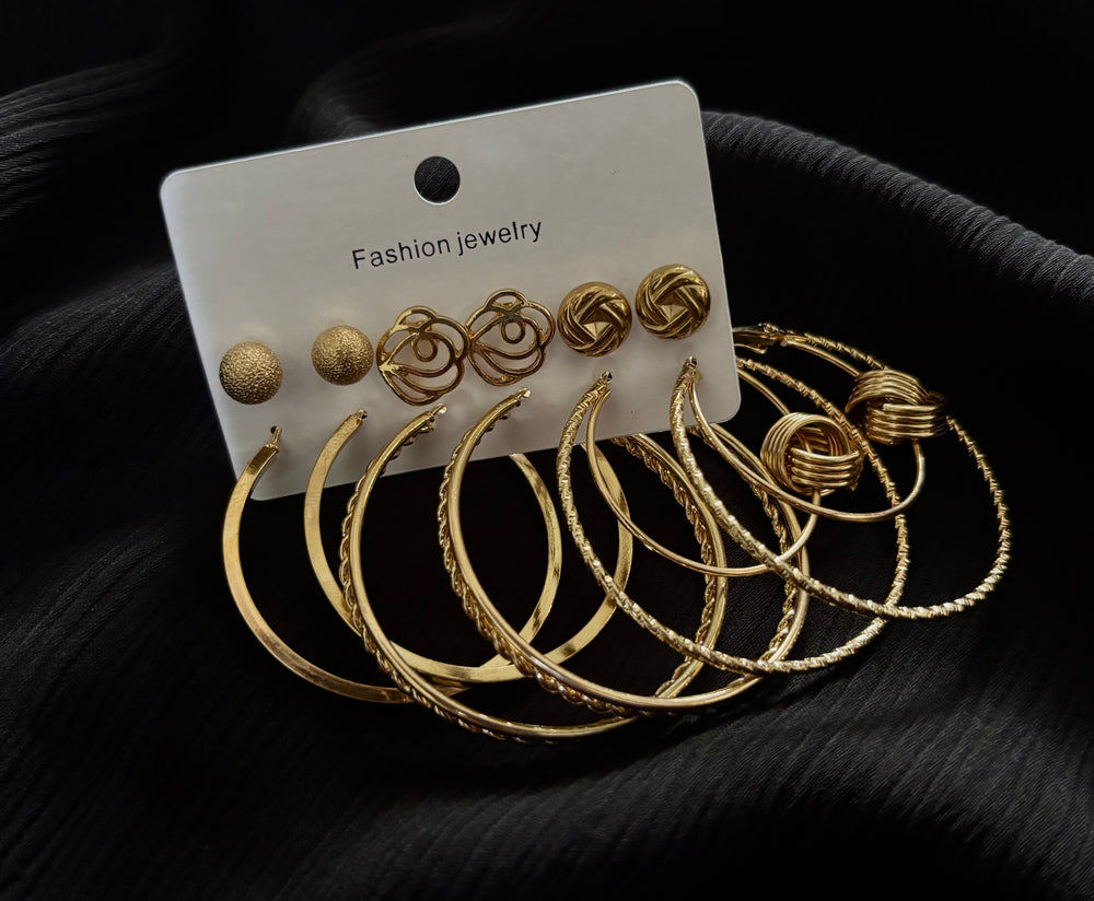 Trendy 6 Pair Gold Hoop & Stud Earrings Set – Textured Ball, Rose Design & Pattern Earrings for Women