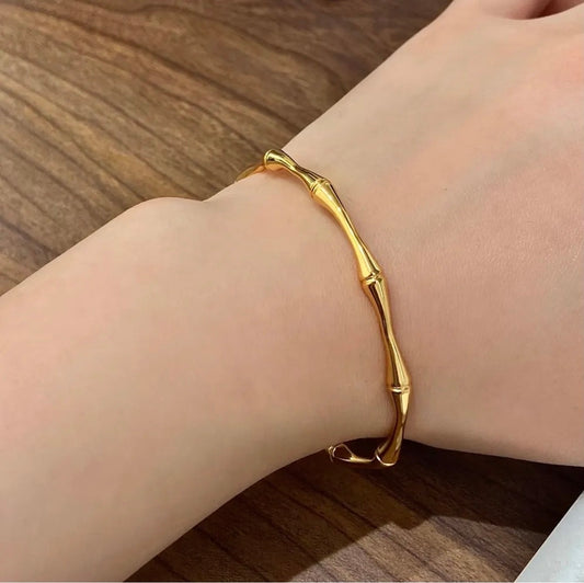 18K Gold Plated Bamboo Bracelet – Anti Tarnish Waterproof Stainless Steel Cuff