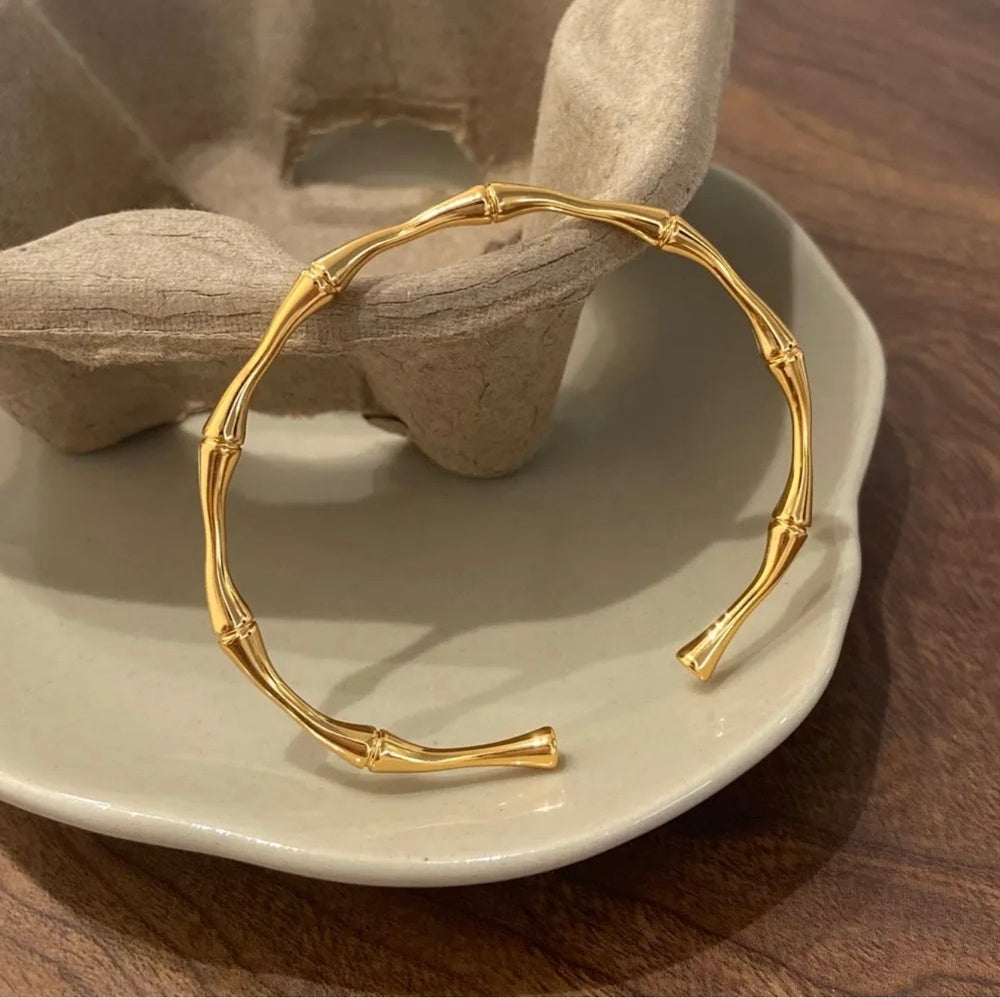 18K Gold Plated Bamboo Bracelet – Anti Tarnish Waterproof Stainless Steel Cuff