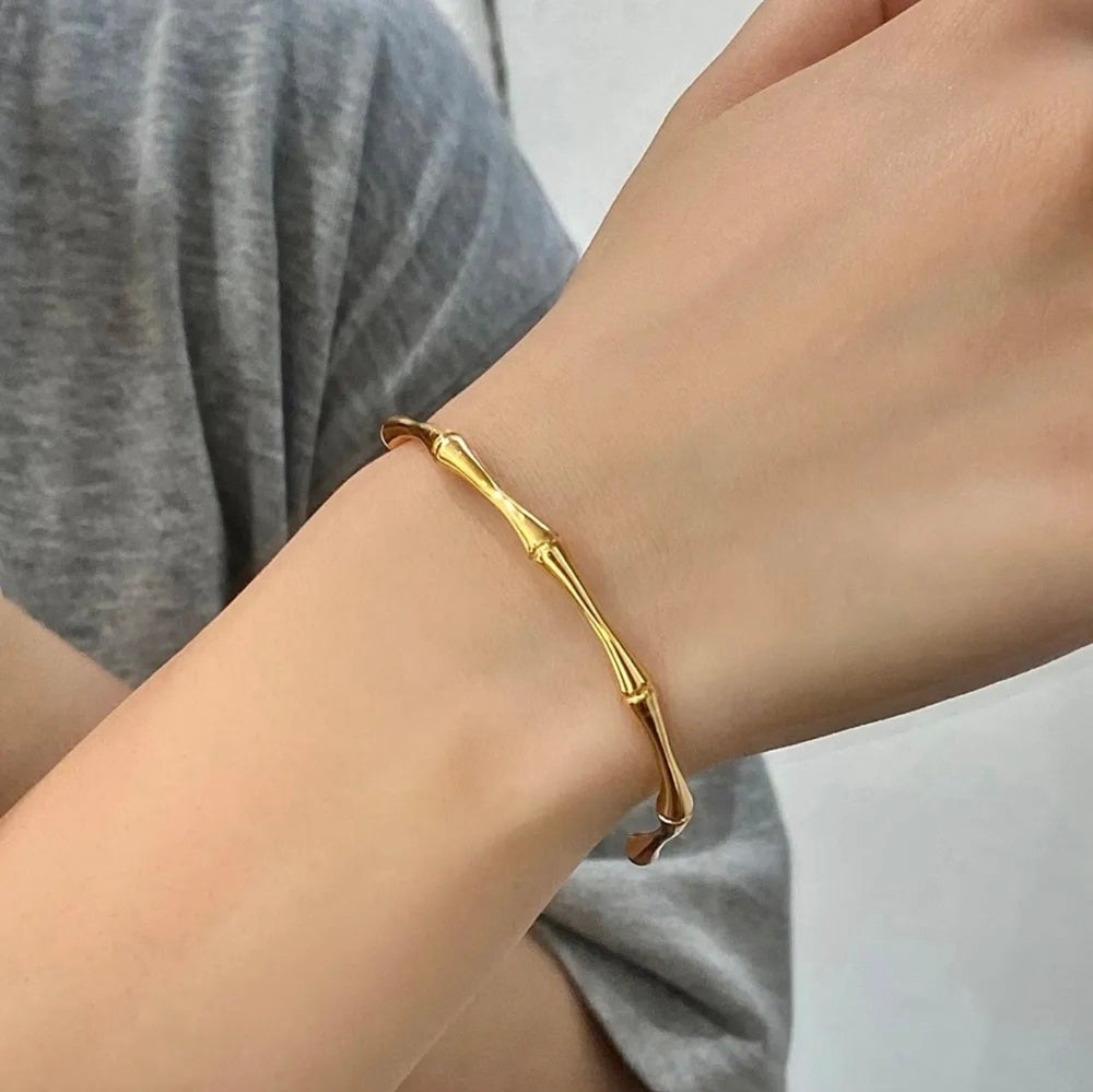 18K Gold Plated Bamboo Bracelet – Anti Tarnish Waterproof Stainless Steel Cuff