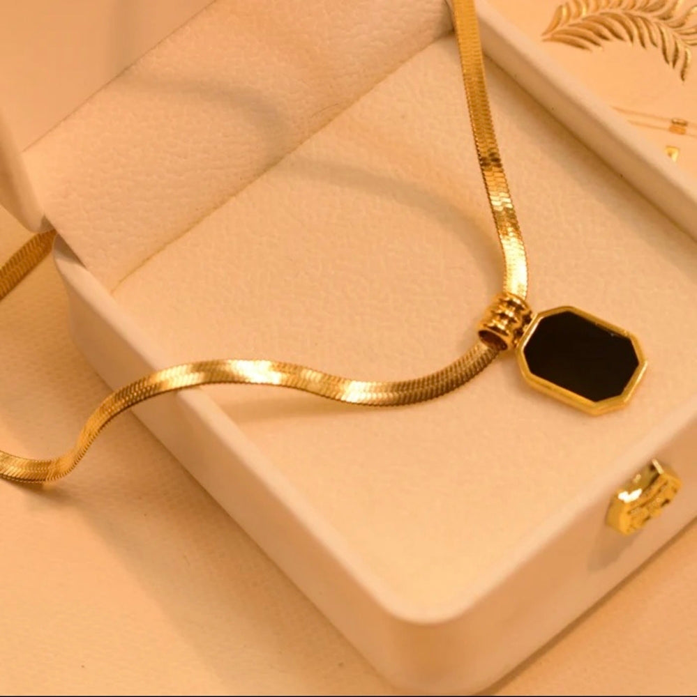 Anti Tarnish 18K Gold Plated Stainless Steel Snake Chain Necklace for Women | PVD Plated Minimal Round Black Pendant Necklace