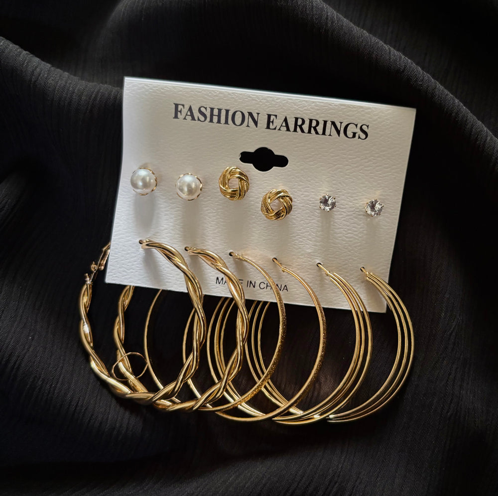 6 Pair Gold Hoop & Stud Earrings Set – Pearl, Crystal, Knot & Twisted Hoop Fashion Jewelry for Women