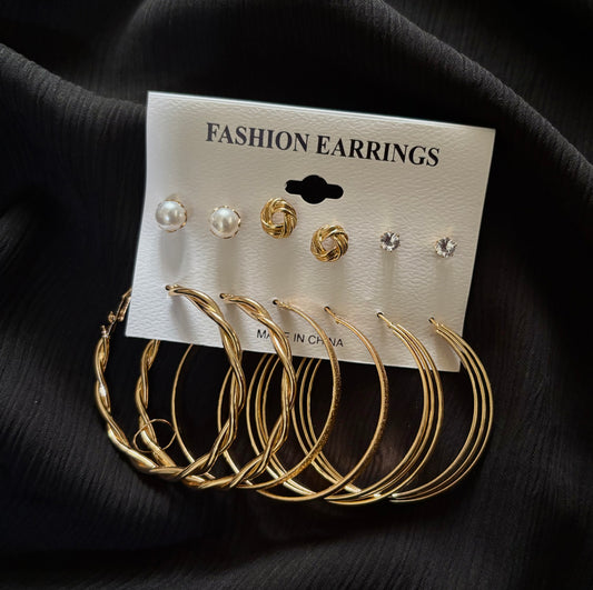 6 Pair Gold Hoop & Stud Earrings Set – Pearl, Crystal, Knot & Twisted Hoop Fashion Jewelry for Women