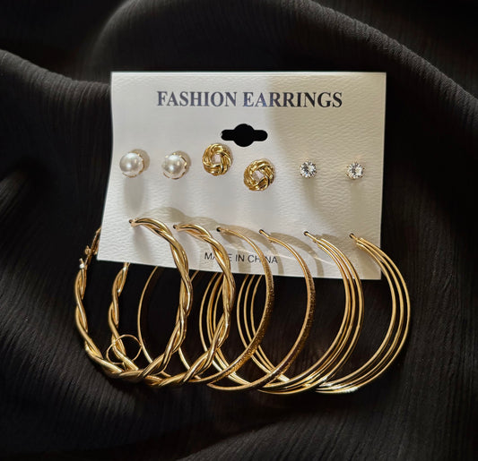 6 Pair Gold Hoop & Stud Earrings Set – Pearl, Crystal, Knot & Twisted Hoop Fashion Jewelry for Women