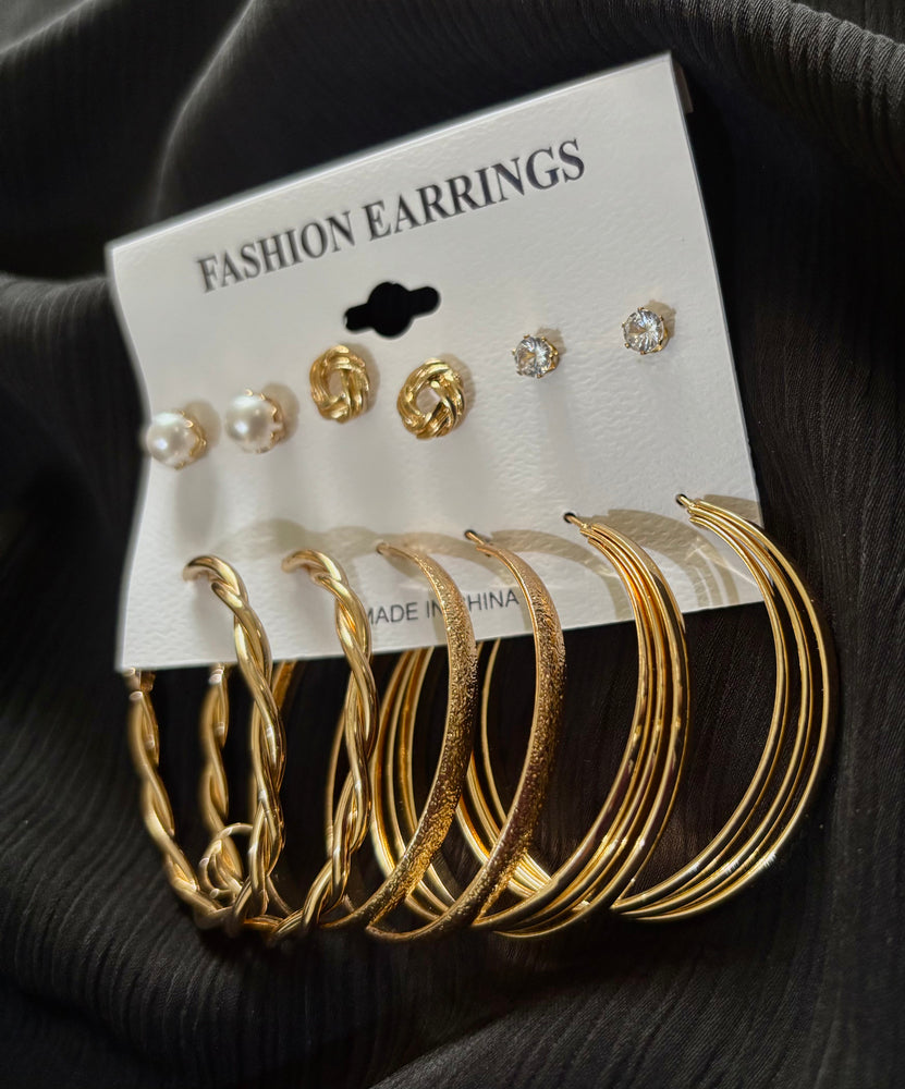 6 Pair Gold Hoop & Stud Earrings Set – Pearl, Crystal, Knot & Twisted Hoop Fashion Jewelry for Women