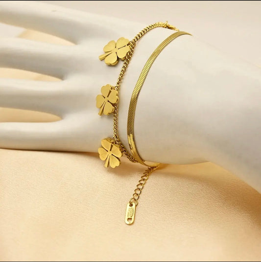 18K Gold Plated Anti Tarnish Clover Charm Bracelet | Waterproof Stainless Steel PVD Chain Jewelry