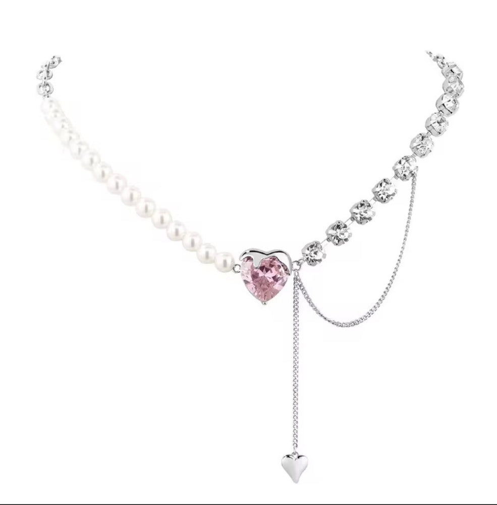 Pearl & Crystal Heart Pendant Fancy Necklace | Designer Asymmetrical Chain for Women