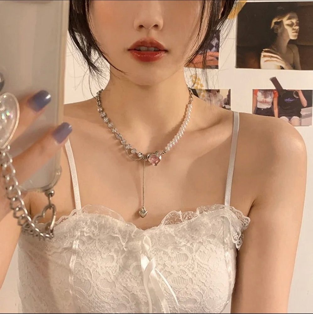 Pearl & Crystal Heart Pendant Fancy Necklace | Designer Asymmetrical Chain for Women