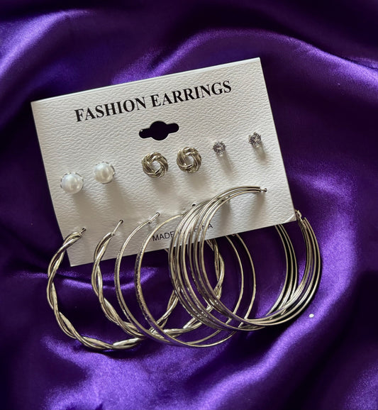 Silver Hoop & Stud Earrings Set – 6 Pair Trendy Fashion Jewellery Combo for Women