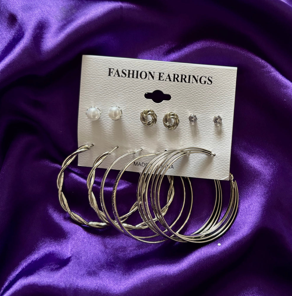 Silver Hoop & Stud Earrings Set – 6 Pair Trendy Fashion Jewellery Combo for Women