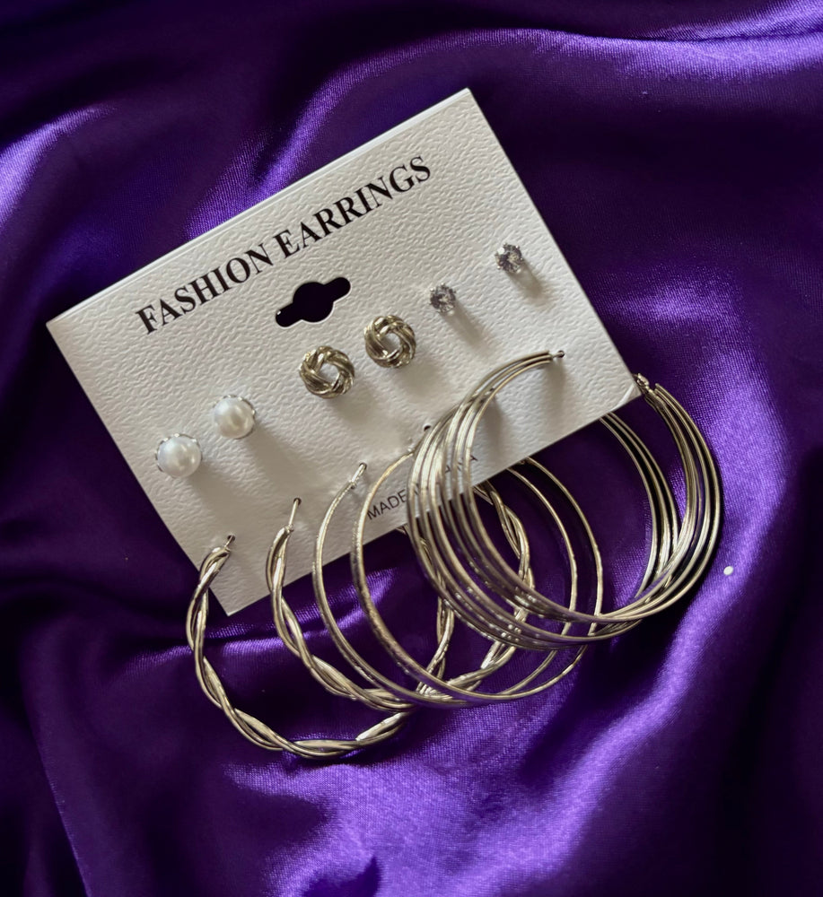 Silver Hoop & Stud Earrings Set – 6 Pair Trendy Fashion Jewellery Combo for Women