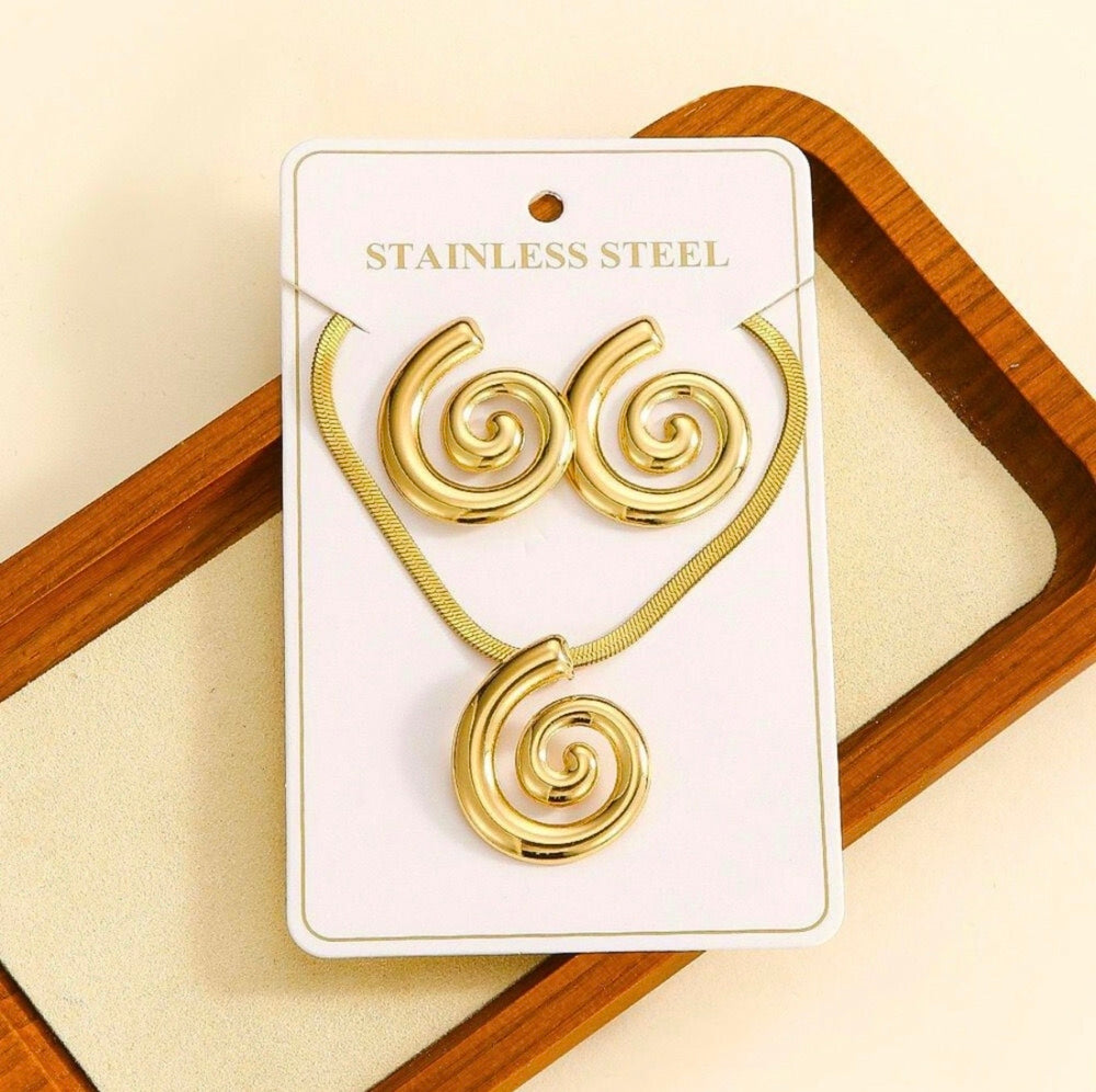 Elegant 18K Gold Plated Spiral Jewellery Set – Anti Tarnish Stainless Steel Necklace & Earrings