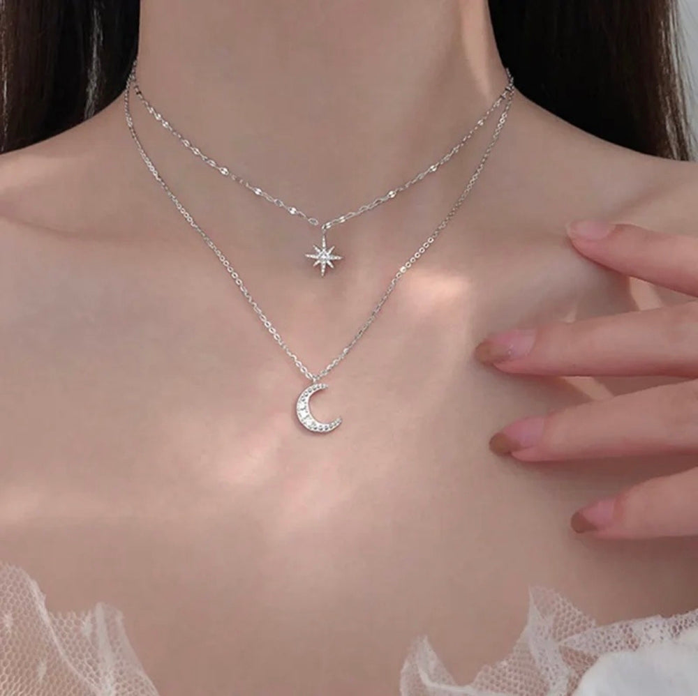 Moon & Star Layered Necklace | Silver Plated Double Chain Fancy Jewelry for Women