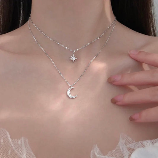 Moon & Star Layered Necklace | Silver Plated Double Chain Fancy Jewelry for Women
