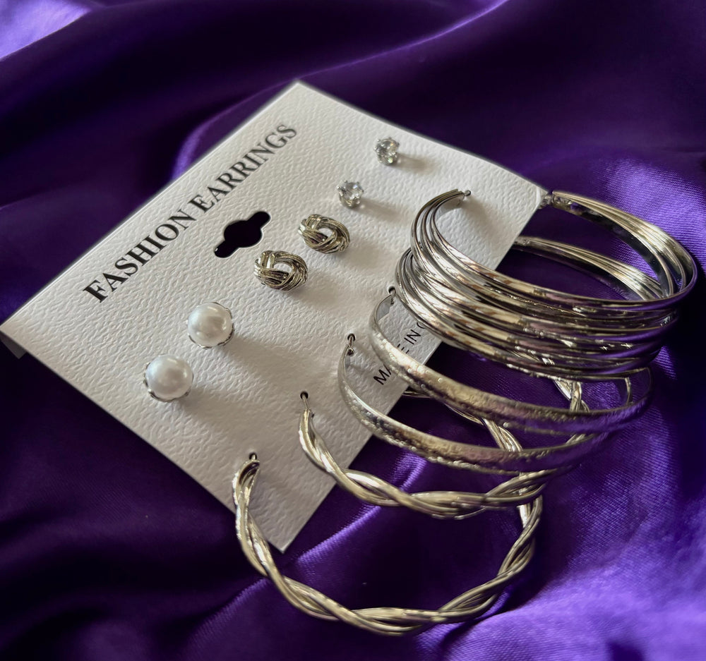 Silver Hoop & Stud Earrings Set – 6 Pair Trendy Fashion Jewellery Combo for Women