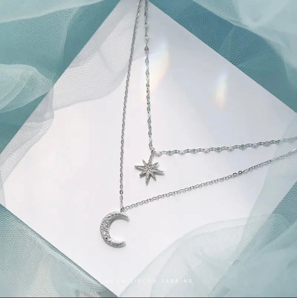 Moon & Star Layered Necklace | Silver Plated Double Chain Fancy Jewelry for Women
