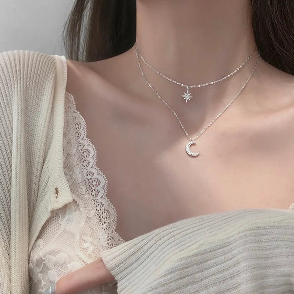 Moon & Star Layered Necklace | Silver Plated Double Chain Fancy Jewelry for Women