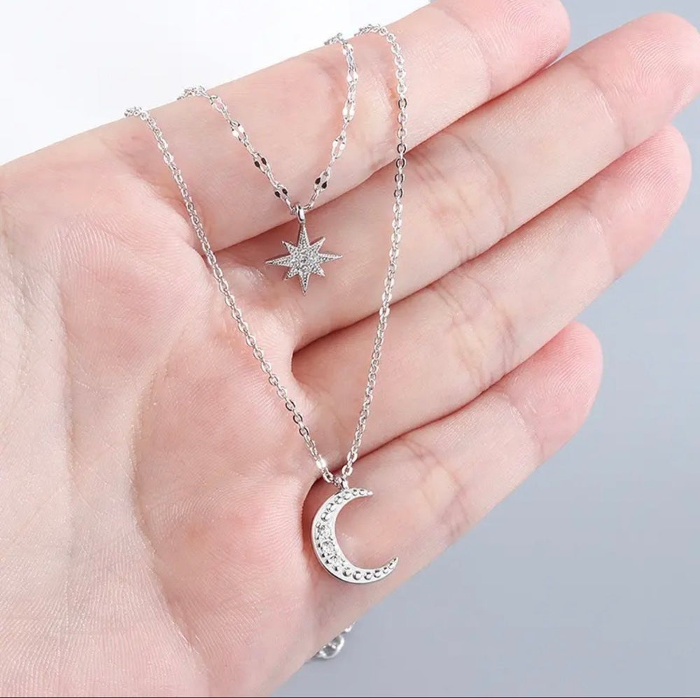 Moon & Star Layered Necklace | Silver Plated Double Chain Fancy Jewelry for Women