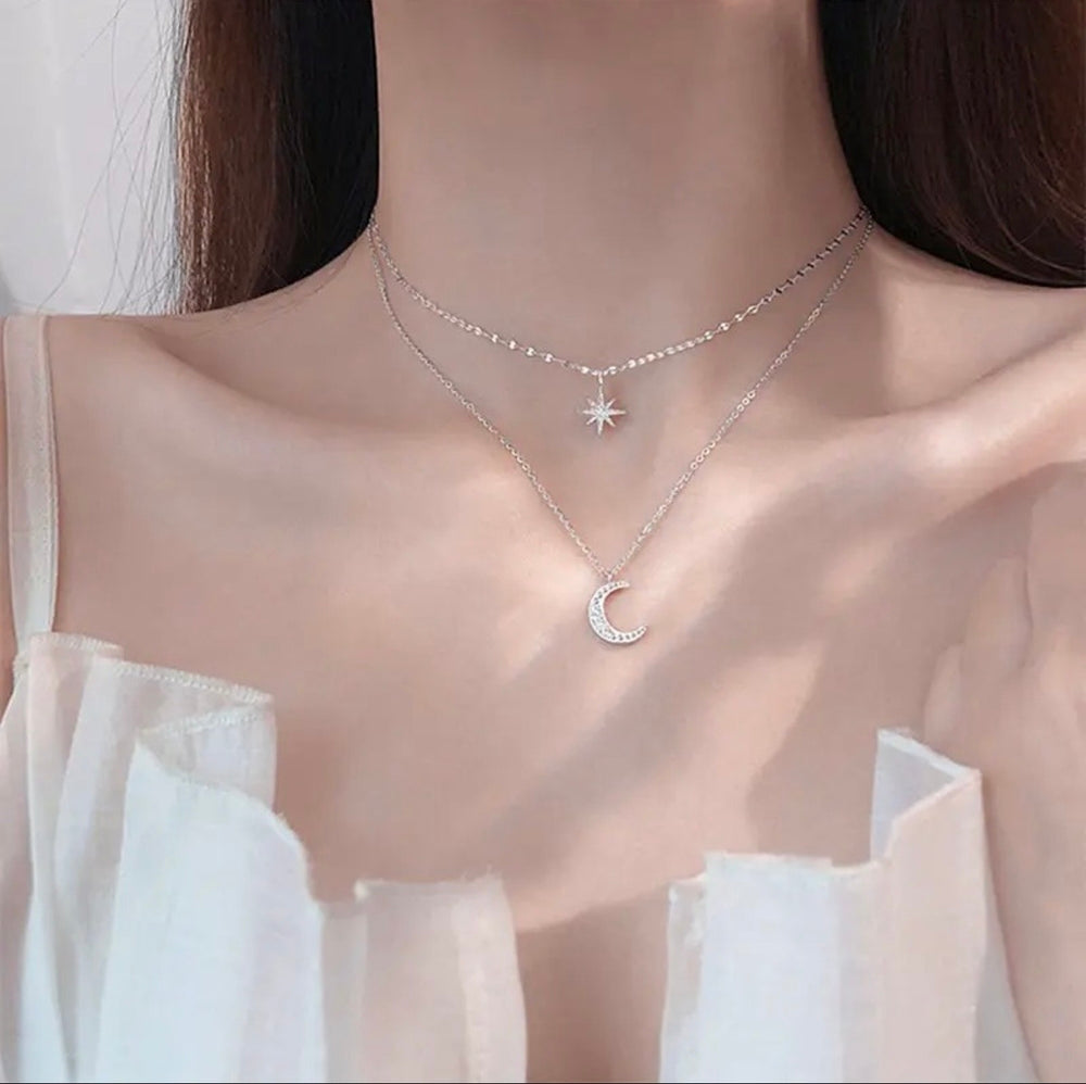 Moon & Star Layered Necklace | Silver Plated Double Chain Fancy Jewelry for Women