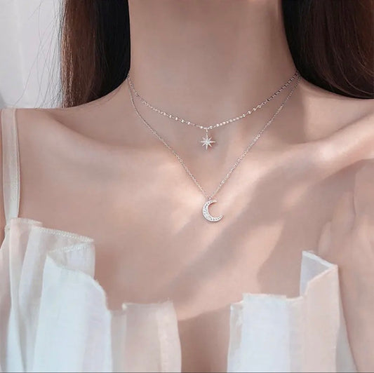 Moon & Star Layered Necklace | Silver Plated Double Chain Fancy Jewelry for Women