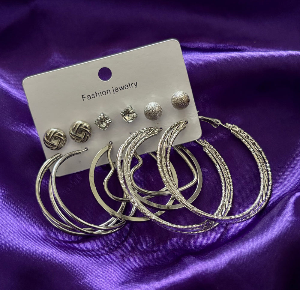 Trendy Silver Hoop & Stud Earrings Set – 6 Pair Fashion Jewellery Combo for Women