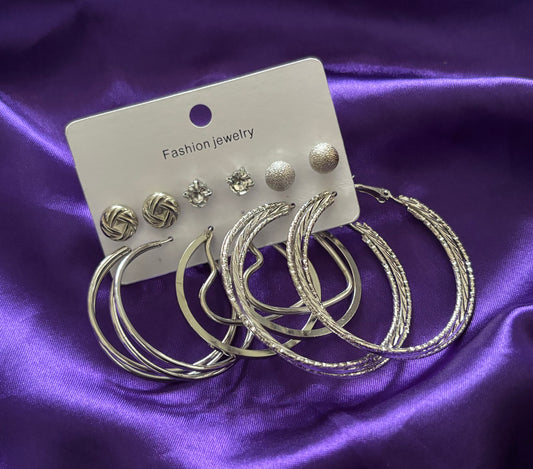Trendy Silver Hoop & Stud Earrings Set – 6 Pair Fashion Jewellery Combo for Women