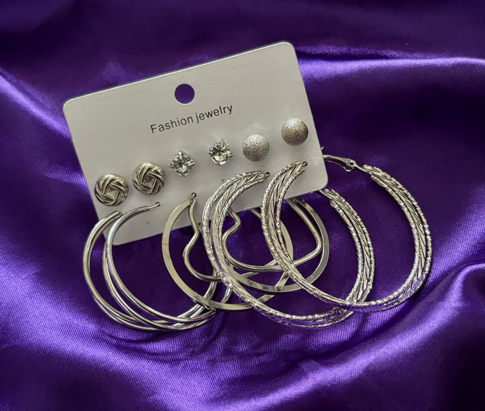 Trendy Silver Hoop & Stud Earrings Set – 6 Pair Fashion Jewellery Combo for Women