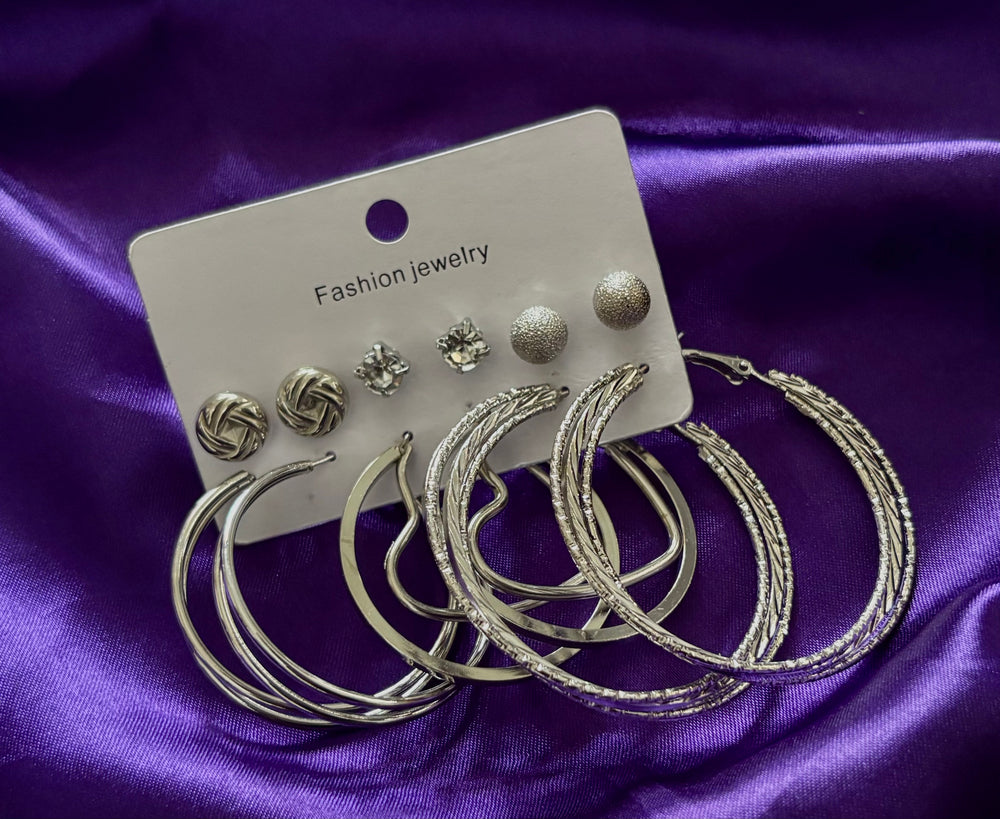 Trendy Silver Hoop & Stud Earrings Set – 6 Pair Fashion Jewellery Combo for Women